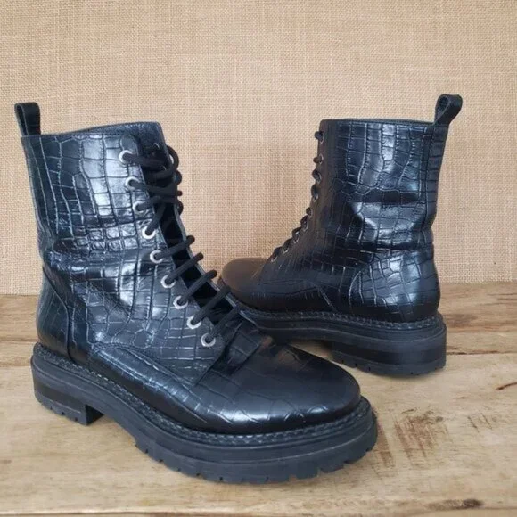 Napoleoni Black Leather Croc-Emboss Lace Up Combat Moto Chunky Sole EU 38 / US 8